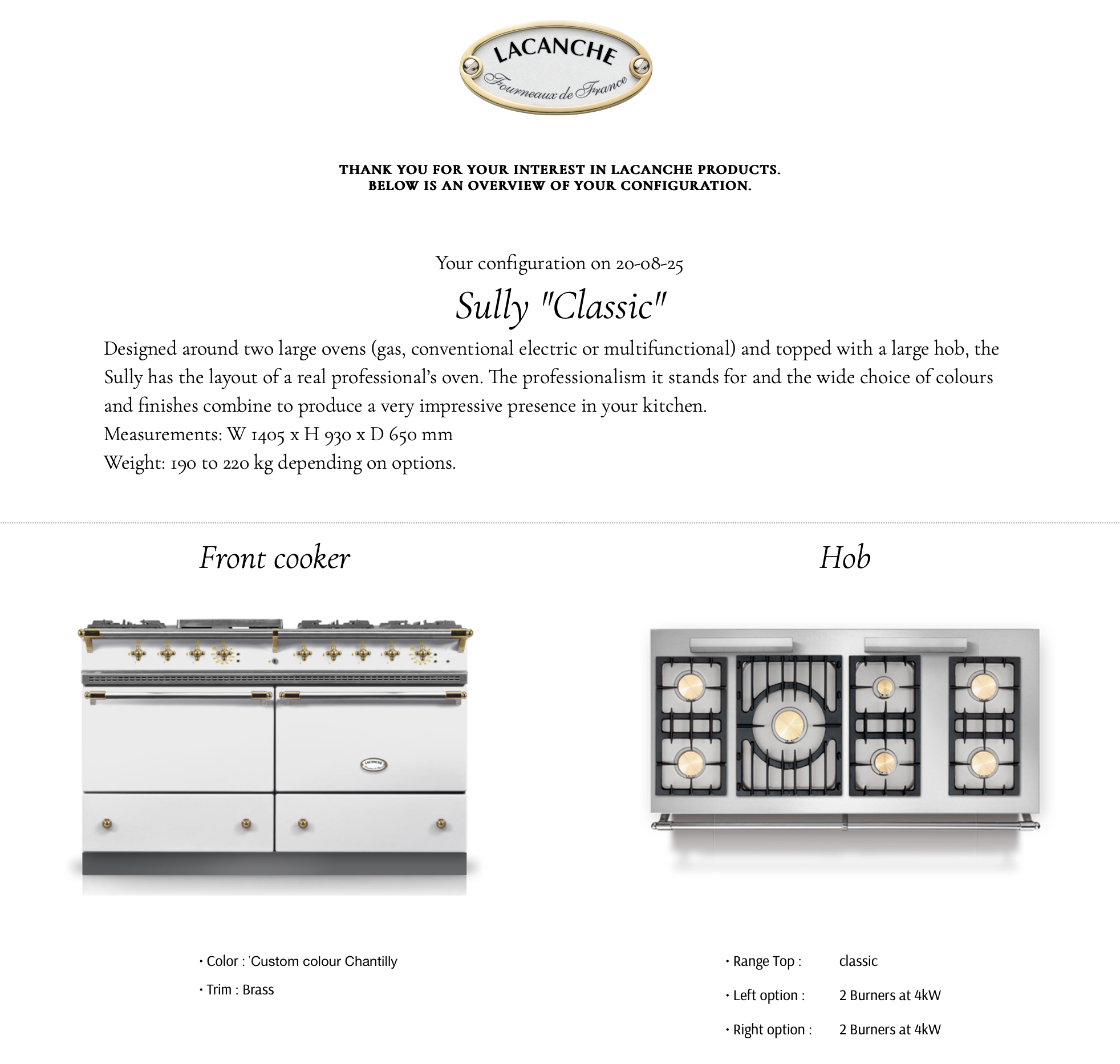Sully 1405 in custom colour Chantilly and brass with 7 gas burners